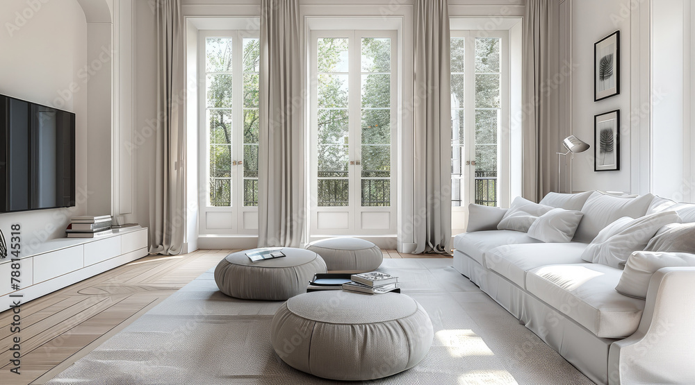 Obraz premium Modern style living room decorated with white furniture, gray cloth sofas, white walls. Generative AI.
