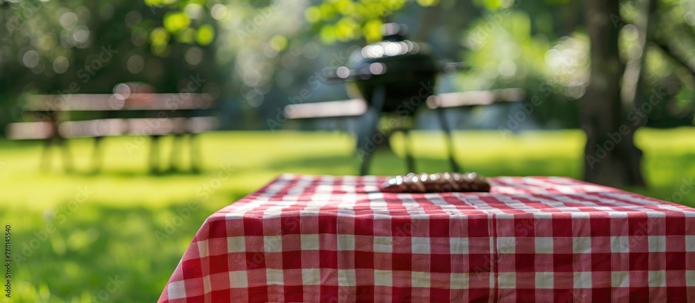 A fresh country red and white checked cloth covers the background of an empty picnic table, suitable for product placement or advertising, with a barbecue situated on a green lawn in the background. A fresh country red and white checked cloth covers the background of an empty picnic table, suitable for product placement or advertising, with a barbecue situated on a green lawn in the background.