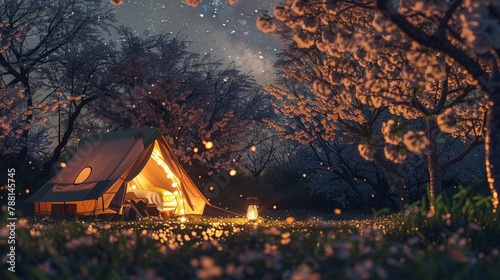 Glamping under cherry blossoms milky way canvas photo