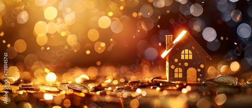 Gold house on coins bokeh lights