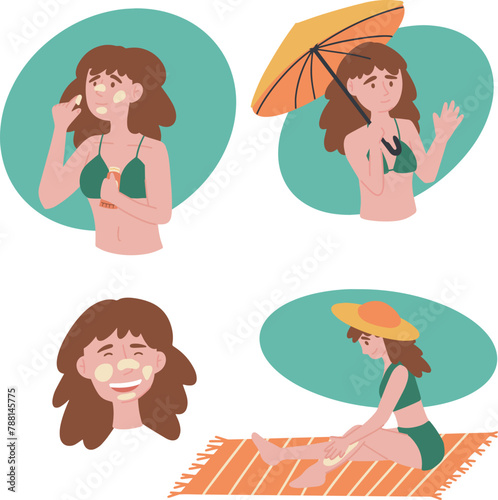 People UV protection for skin. Using umbrella, sunscreen lotion, sunglasses, sun hat. Set of flat illustration.