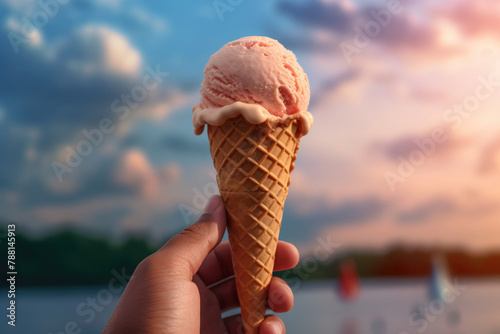 Hand Holding Ice Cream Cone Against Sunset
