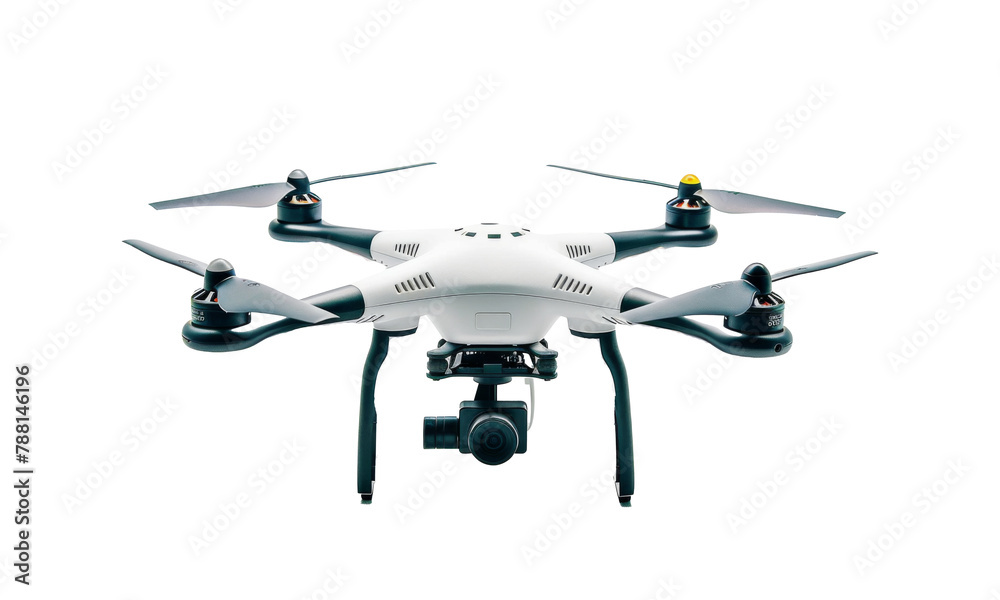 A quadcopter drone with a camera, designed for aerial photography, displayed in a studio setting against a white background, showcasing its sleek design and technological features A quadcopter drone with a camera, designed for aerial photography, displayed in a studio setting against a white background, showcasing its sleek design and technological features