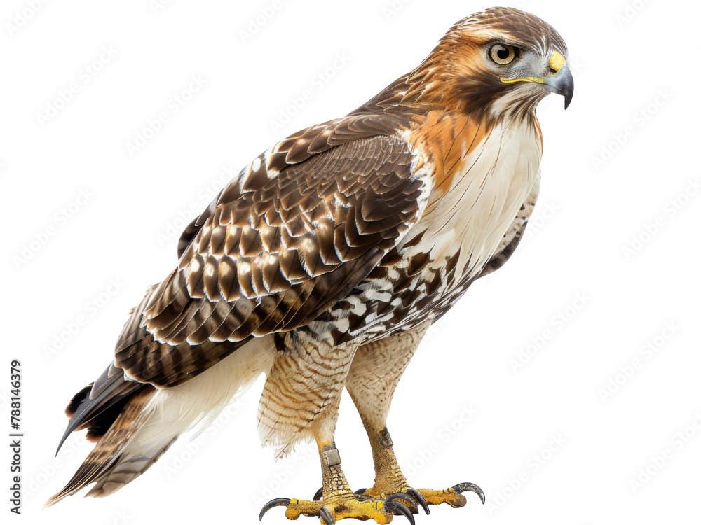 A red-tailed hawk standing alert on a plain white background, showcasing its striking plumage and keen expression, ready for hunting as daylight illuminates its feathers A red-tailed hawk standing alert on a plain white background, showcasing its striking plumage and keen expression, ready for hunting as daylight illuminates its feathers