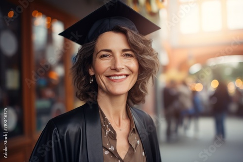 Portrait of a grinning woman in her 50s dressed in a stylish blazer in front of lively classroom background