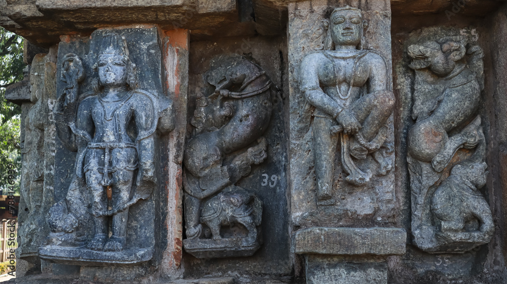 Beautiful Carvings of Hindu Deities on the Chandraditya Temple, 11th Century Temple Dedicated to Lord Shiva, Barsur, Chhattisgarh, India.