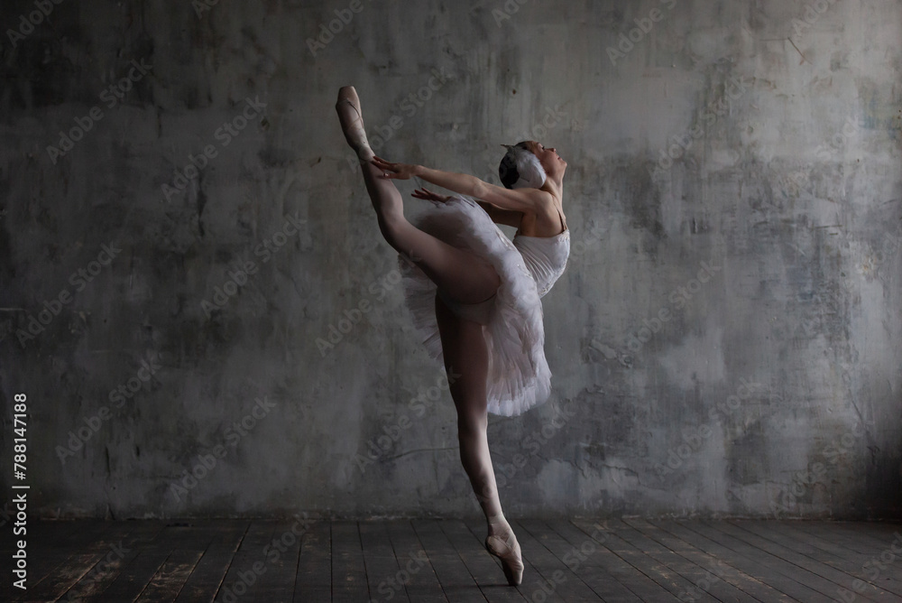 Slender ballerina in a white tutu and pointe shoes dances a ballet dance. - obrazy, fototapety, plakaty 
