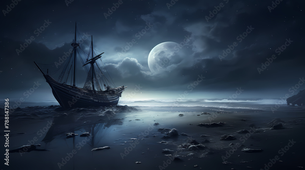 Abandoned sunken ship on the beach under starry night sky, shrouded in fog - obrazy, fototapety, plakaty 