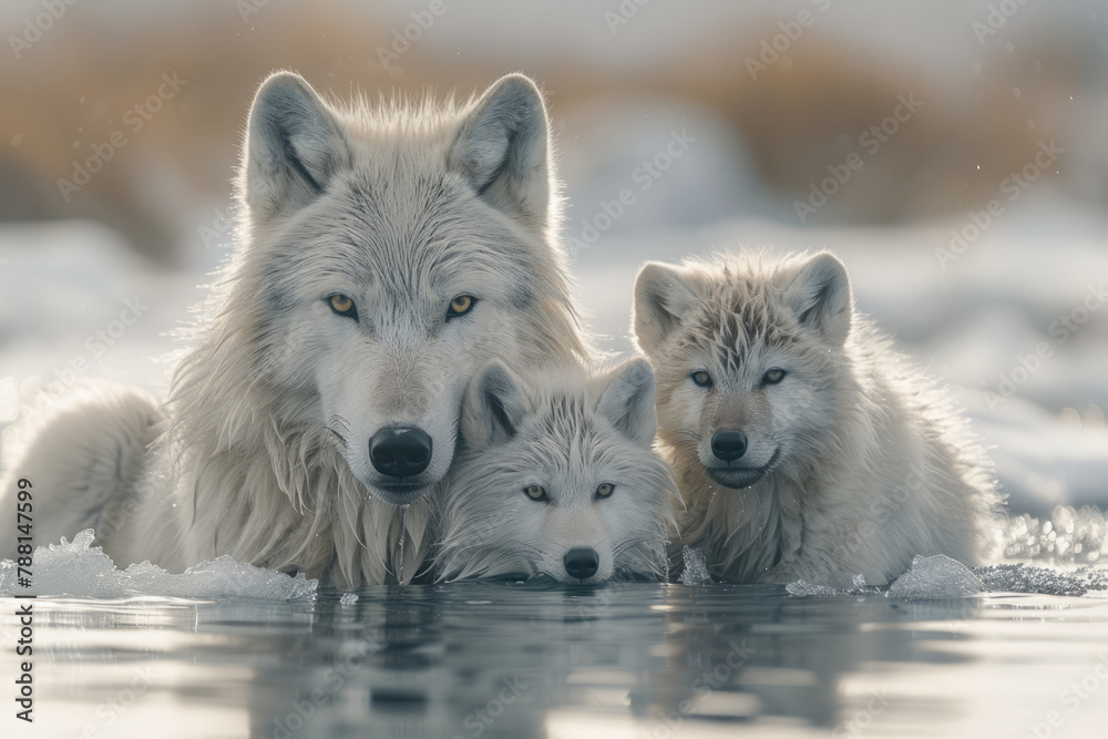 Obraz premium A depiction of an experienced wolf teaching its cubs how to break through the ice to access fish tra