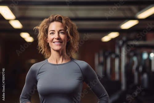 Portrait of a merry woman in her 40s showing off a lightweight base layer in dynamic fitness gym background
