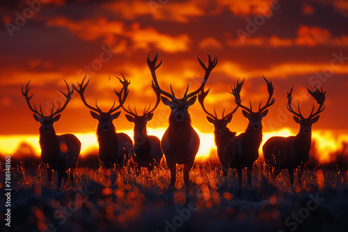 A depiction of stags during the rut illuminated by the golden light of sunset, their silhouettes dra