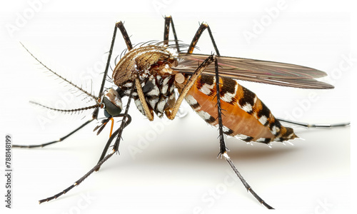 Close-up view of a mosquito showcasing detailed features and markings, likely taken in an indoor setting, emphasizing the insect's delicate wings and segmented body photo