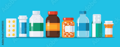 Group of Medicine bottles capsules vector illustration