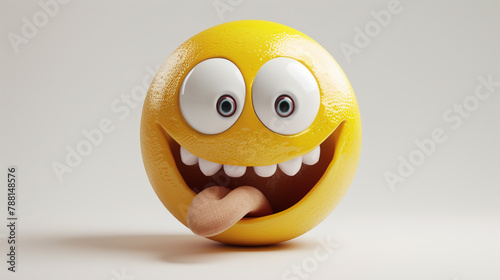 Zany face emoji - Silly face emoticon - A yellow face with a big grin and wide, white eyes, one larger than the other and in a wild, cockeyed expression with tongue stuck out  photo