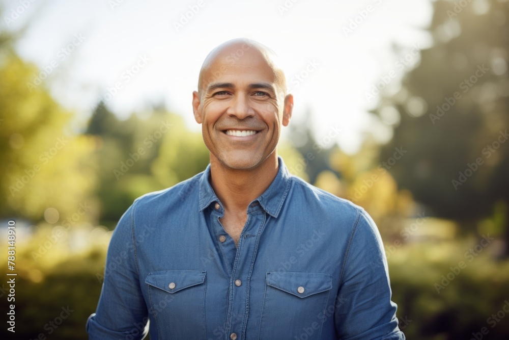 Portrait of a smiling man in his 40s sporting a versatile denim shirt in front of bright and cheerful park background Portrait of a smiling man in his 40s sporting a versatile denim shirt in front of bright and cheerful park background