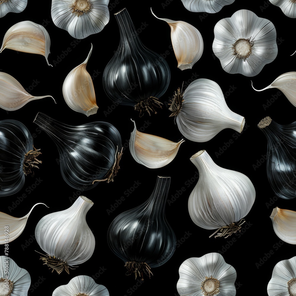 Realistic seamless pattern of fresh garlic in detailed close up view for design projects
