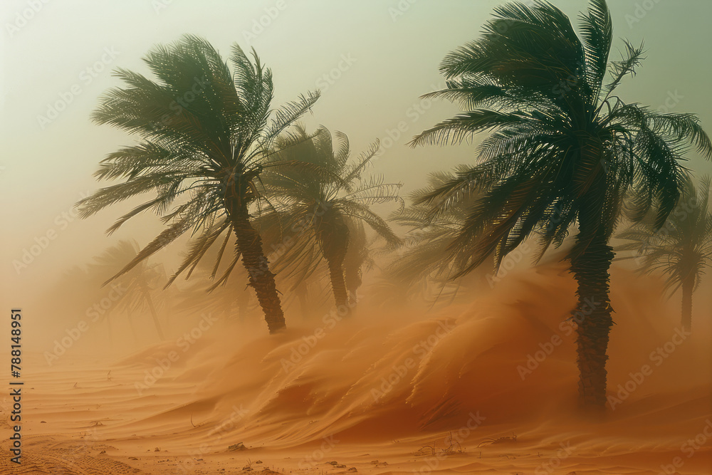 A photograph capturing the moment when the first gusts of a sandstorm hit a palm oasis, bending the