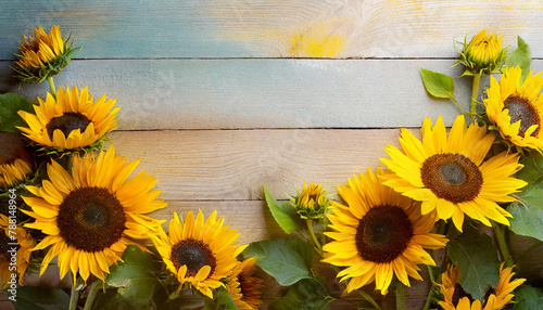 Cure rustic background with beautiful yellow sunflowers on wooden board  autumn fall floral backdrop