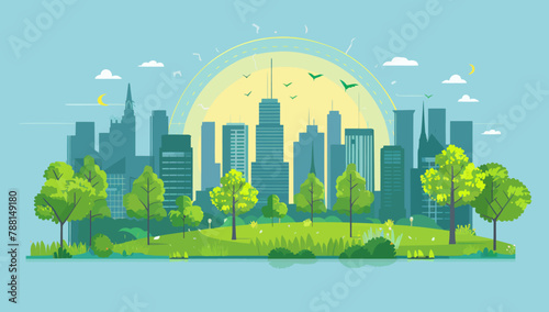 an illustration of a city with trees and buildings