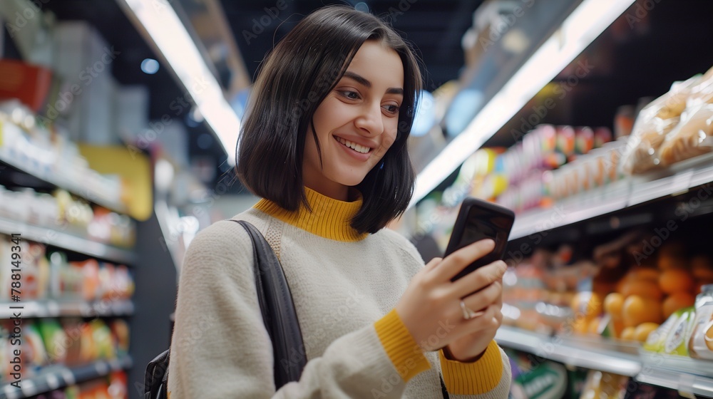 Woman Checking Phone in Grocery Store