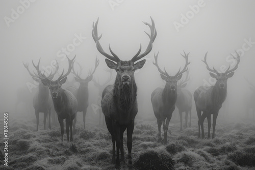 A photograph of a series of clashes throughout a foggy day  with stags emerging and retreating into