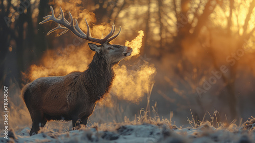 A photograph of a stagâ€™s breath steaming in the crisp morning air as he snorts and paws the ground photo
