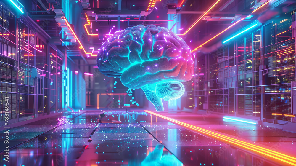 A neon brain is floating in a room with neon lights. The brain is surrounded by a colorful, futuristic environment A neon brain is floating in a room with neon lights. The brain is surrounded by a colorful, futuristic environment