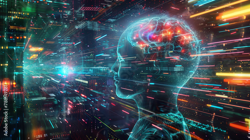 A neon brain is floating in a room with neon lights. The brain is surrounded by a colorful  futuristic environment