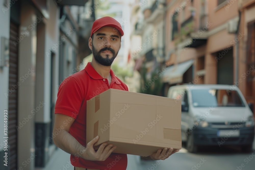 Man in Red Shirt Holding Box Man in Red Shirt Holding Box