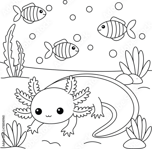 Cute kawaii cartoon character axolotl under lake coloring page, vector printable worksheets for preschool.
