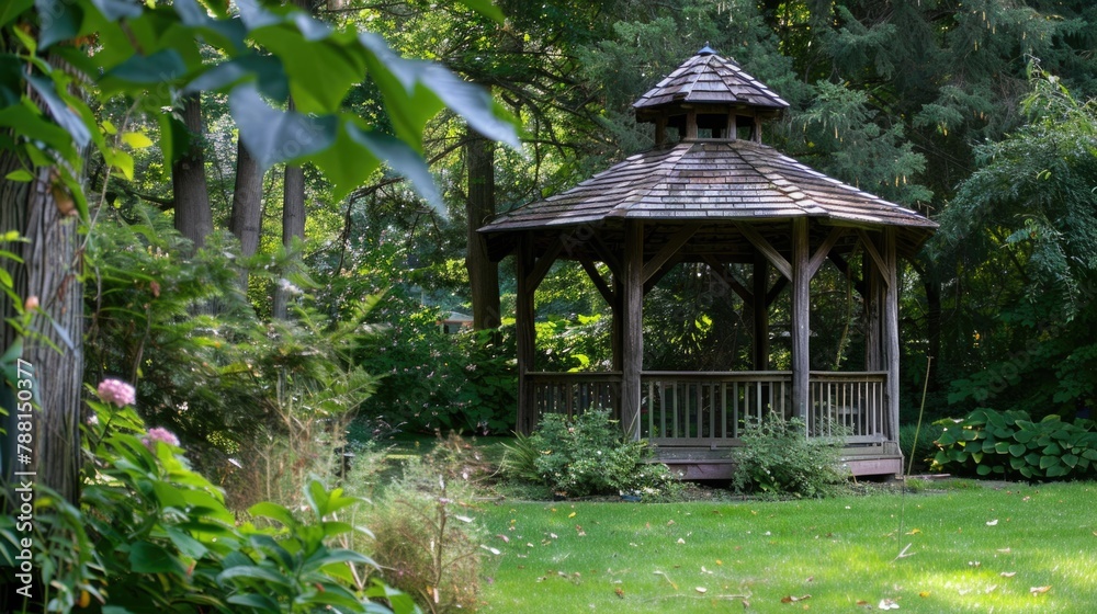 Garden gazebo with wooden architecture surrounded by lush greenery in park setting Garden gazebo with wooden architecture surrounded by lush greenery in park setting