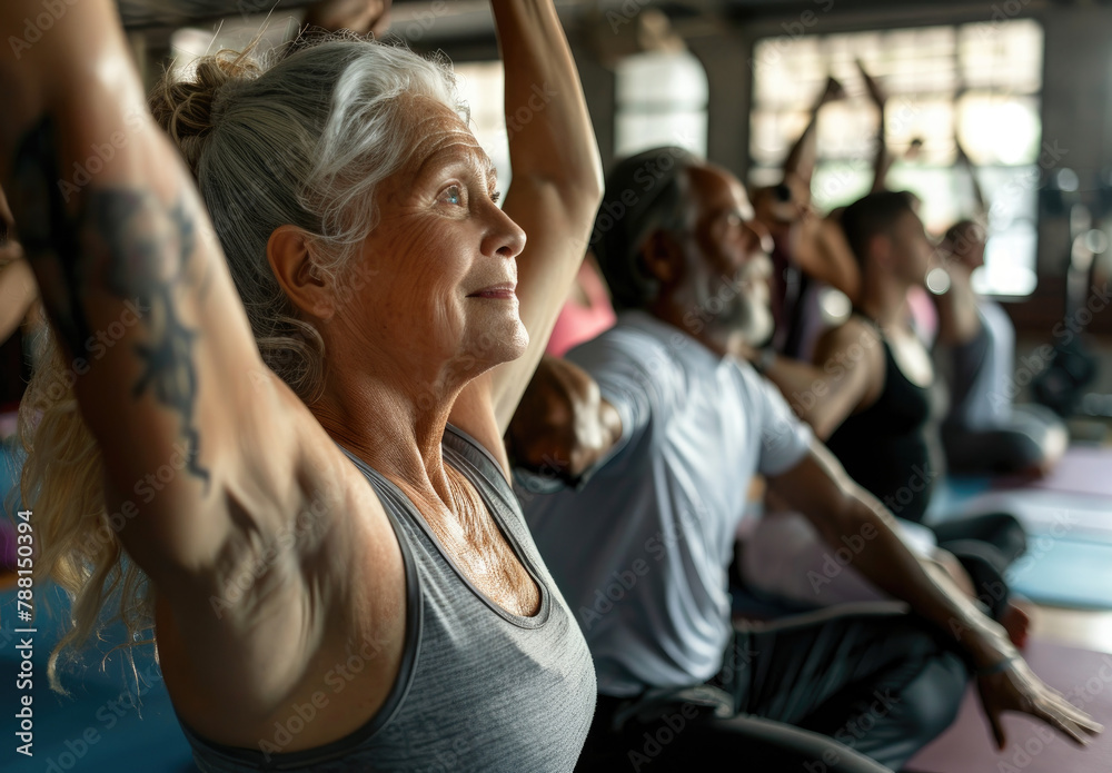 Happy senior people doing yoga in the gym, a portrait of a smiling old man and woman stretching their arms while standing together at a sport class with multiethnic friends