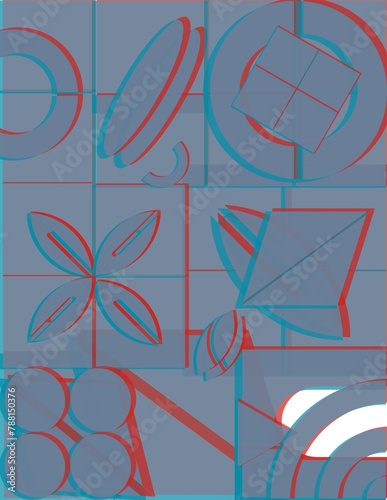 A blue and white 3D image of various shapes and circles