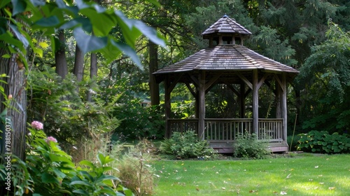 Garden gazebo with wooden architecture surrounded by lush greenery in park setting