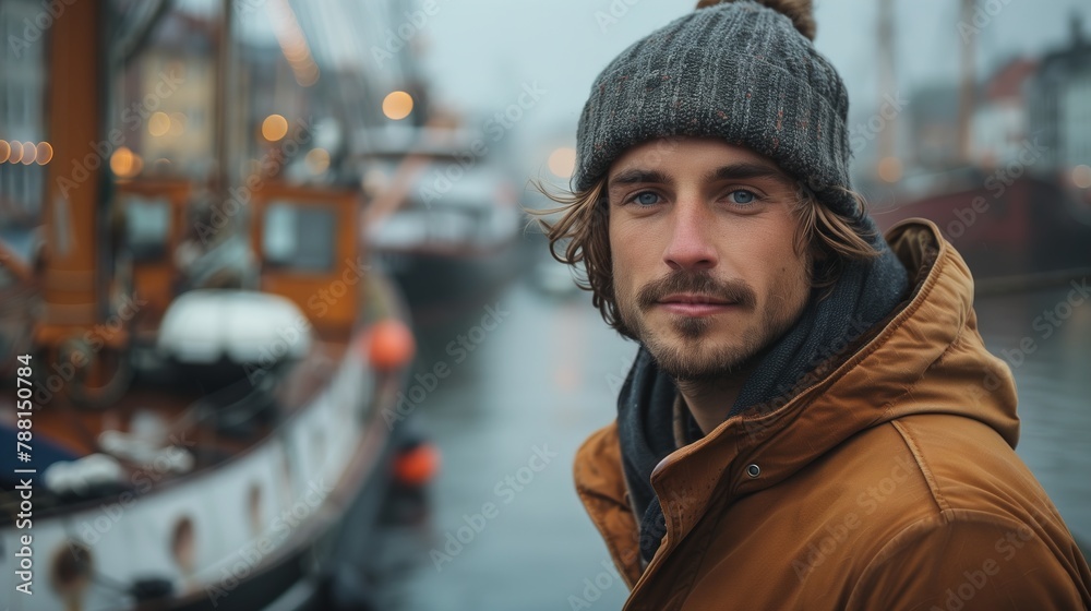 Man Standing in Front of Boat in Harbor Man Standing in Front of Boat in Harbor