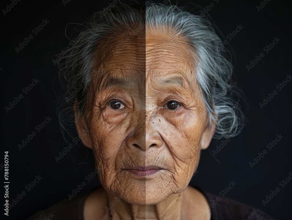 A striking composite image that merges the youthful and aged features of an Asian woman, symbolizing the beauty and transience of life. A striking composite image that merges the youthful and aged features of an Asian woman, symbolizing the beauty and transience of life.