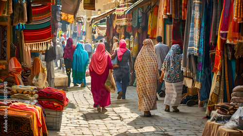 old arabic bazaar shopping in outdoor market vibrant materials, dishes