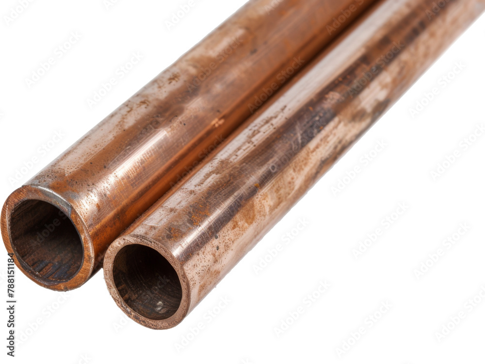 Two copper pipes lying side by side on a white surface, showcasing their smooth texture and cylindrical shape, suitable for plumbing or construction projects during daylight hours