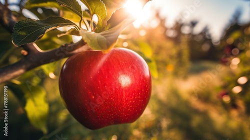 close up portrait of ripe red apple with sunlight and apple orchard in the background with clear sky