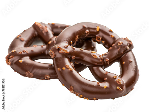 Delicious chocolate-covered pretzels on a white background showcasing their unique shape and texture, perfect for a sweet snack during the day or an evening treat photo