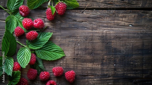 Fresh raspberries with green leaves on a rustic wooden background.