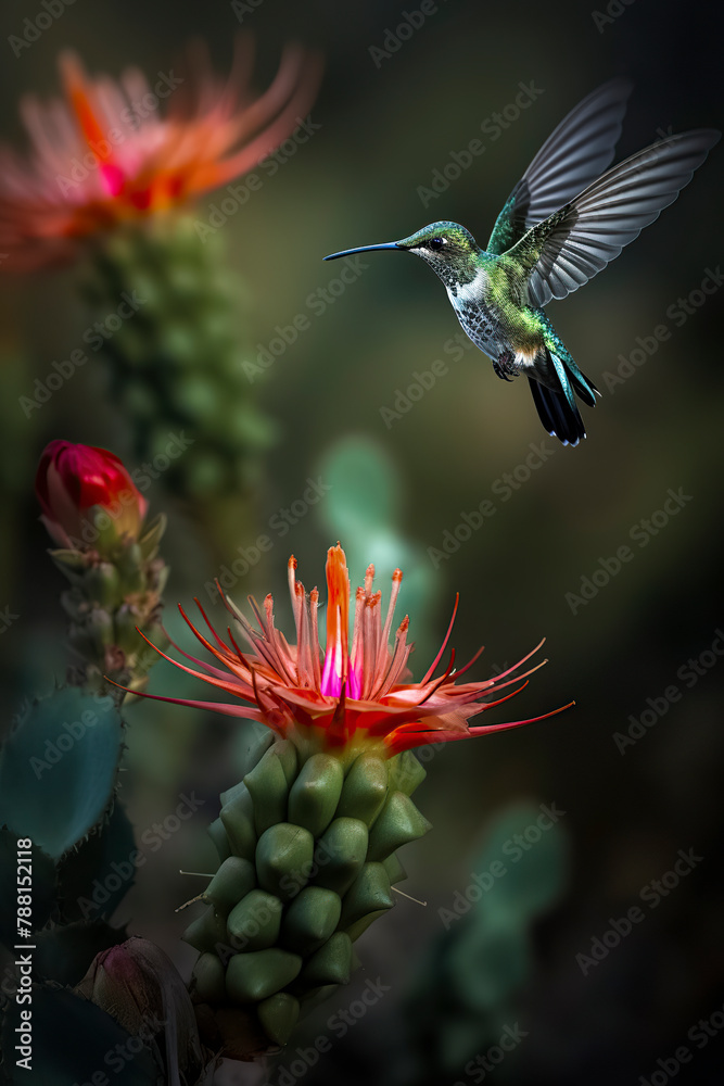 Fototapeta premium bird hovering near vibrant flower, nature’s beauty, intricate flight mechanics, mesmerizing moment, wildlife and flora interaction