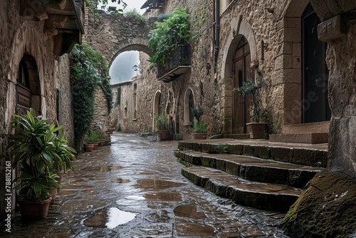A historic village street  wet from rain  with cobblestones  plants  and an archway  exuding old-world charm and tranquility