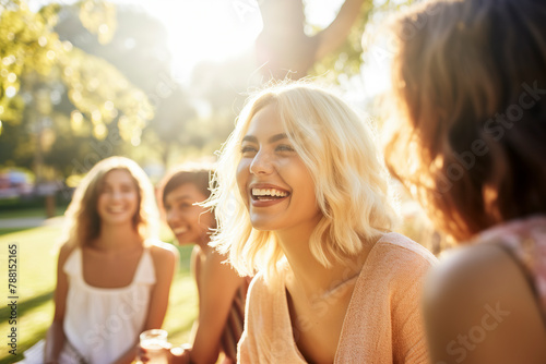 group of women are sitting in a park, smiling and laughing together. Scene is happy and joyful, as the women seem to be enjoying each other's company