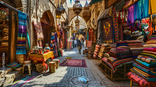 old arabic bazaar shopping in outdoor market vibrant materials, dishes © Gita