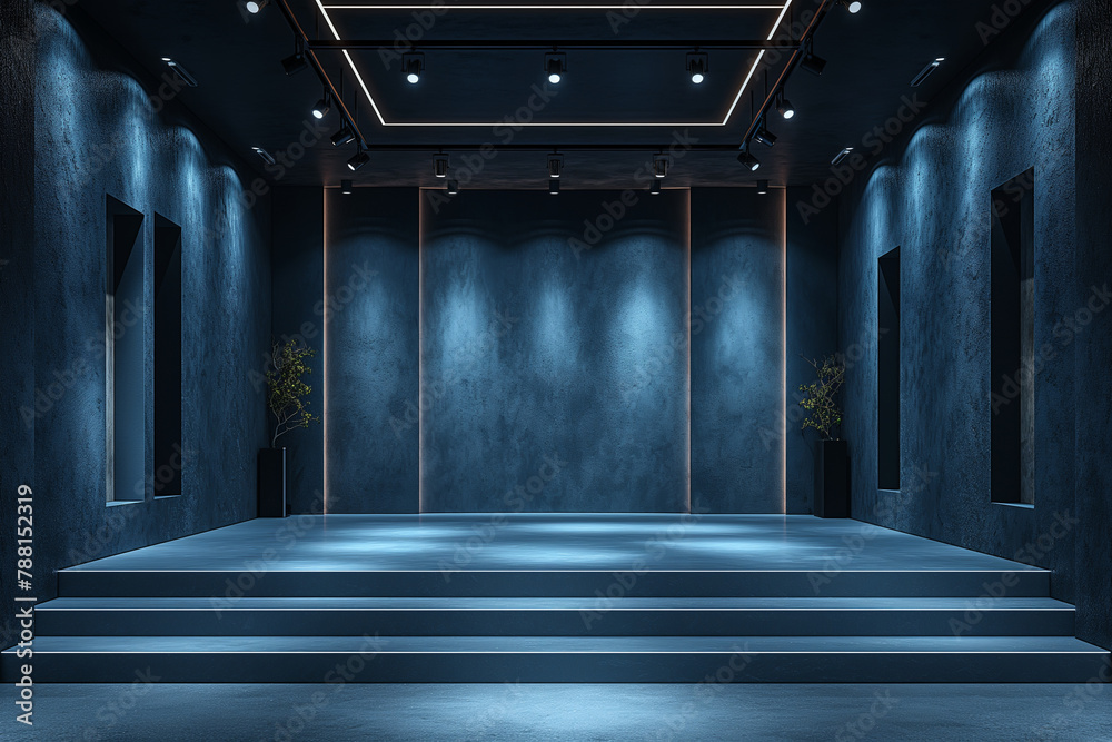 3d dark blue empty minimalist interior exhibition space design. minimalist style room background. 3d dark blue empty minimalist interior exhibition space design. minimalist style room background.