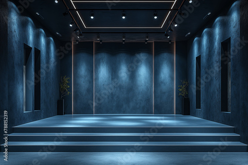 3d dark blue empty minimalist interior exhibition space design. minimalist style room background.