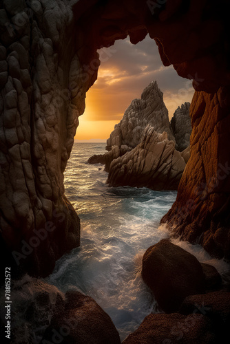 A tranquil sunset view from a coastal cave, with waves reflecting the sun's glow against rugged stone textures