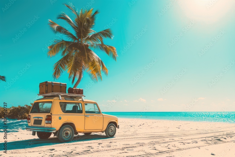 Obraz premium A yellow vintage car parked on a sunny beach with luggage on top near a swaying palm tree illustrares perfect summer escape. Generated AI
