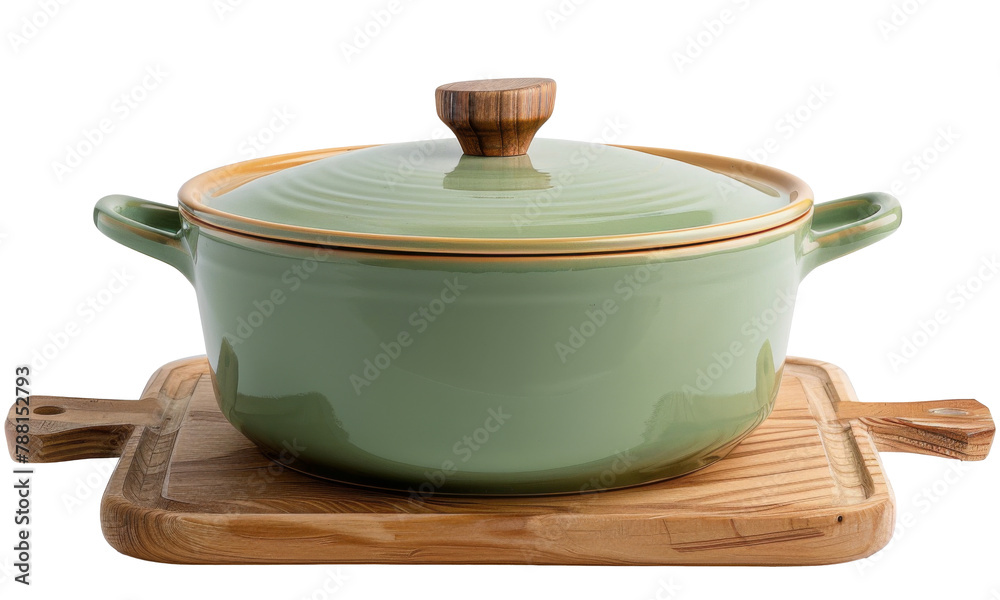 Beautiful green cooking pot on a wooden cutting board showcasing modern kitchenware design for everyday cooking Beautiful green cooking pot on a wooden cutting board showcasing modern kitchenware design for everyday cooking